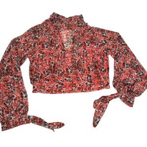 Free People All Dolled Up Floral Mesh Long Sleeve Tie Cuff Top Red L